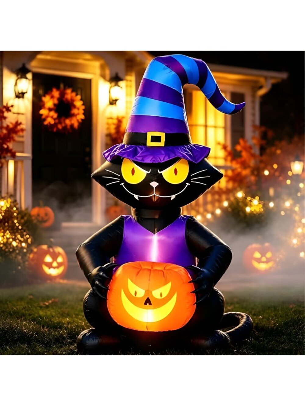 6FT Halloween Inflatable Black Cat, Lighted Yard Decoration with Witch Hat